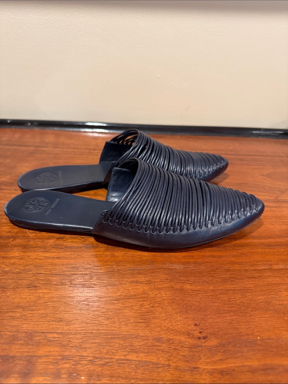 Tory Burch Navy Ribbed Leather Slip-On Flats - Size 7